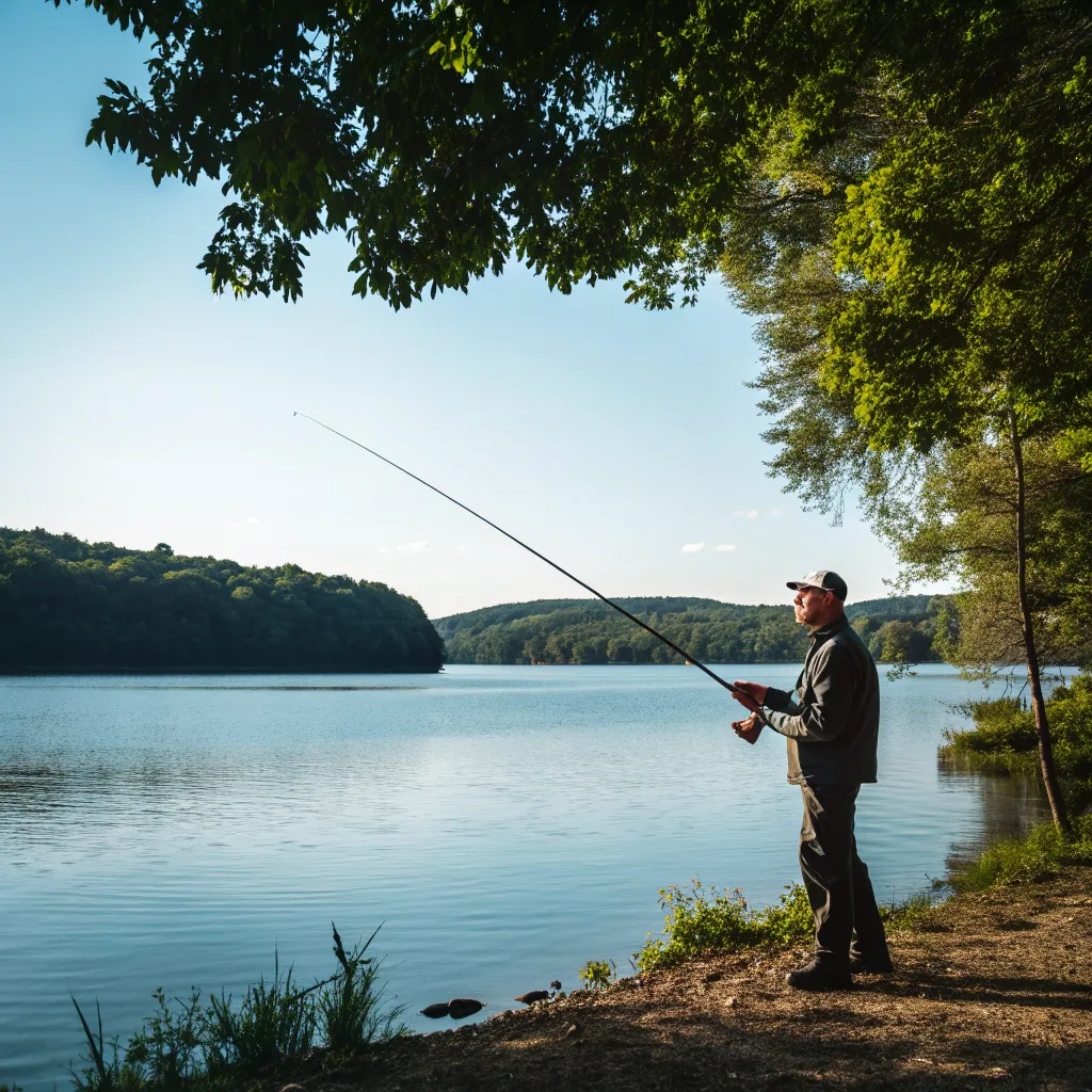 Angler fishing at a scenic lake